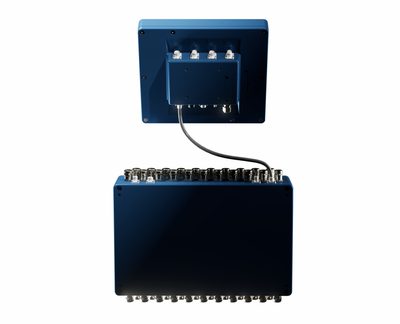 Rückseite von Core-Unit und XPANSION-Unit mit M12-Steckverbindern. Produktvisualisierung des Entwicklungsstands.