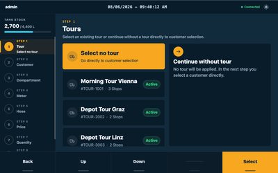 Bedienoberfläche: Tour wählen. Entwicklungsansicht, keine dokumentierte Kundenlieferung.